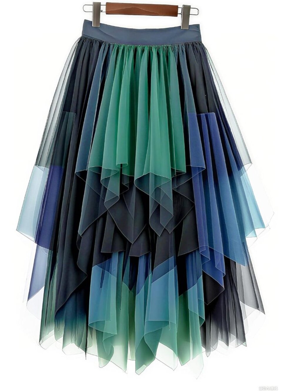 Women Black-Green High Waist Layered Tulle Mesh Ruffle Asymmetric Hem Midi Skirt
